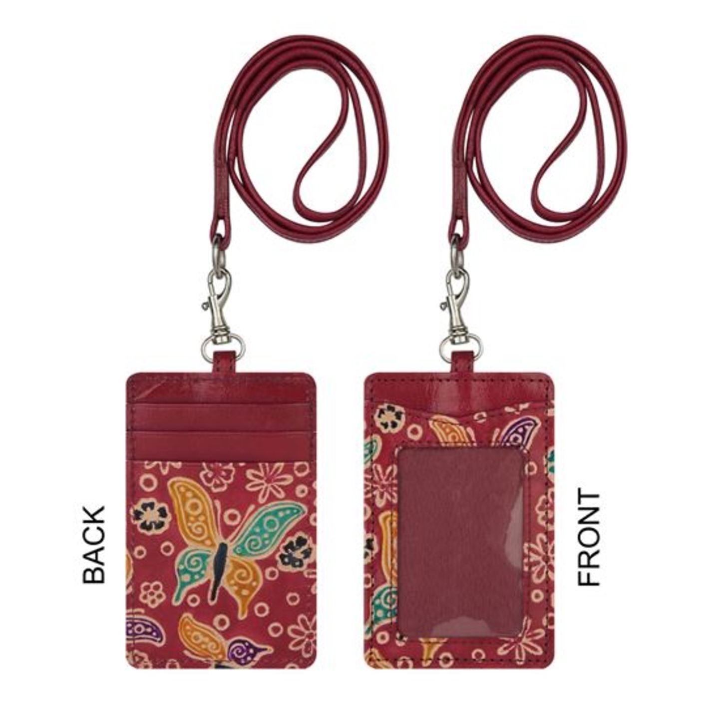 Eco Trends Handpainted Leather ID & Cardholder Lanyard Butterfly Red