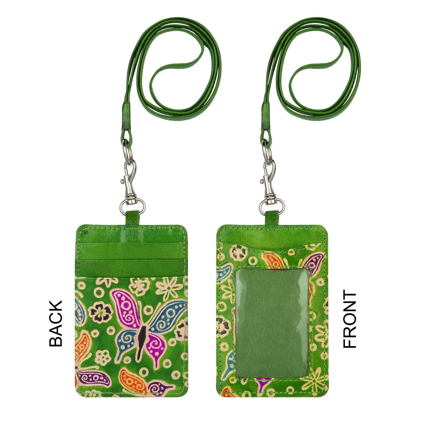 Eco Trends Handpainted Leather Lanyard with ID & Cardholder Butterfly Green