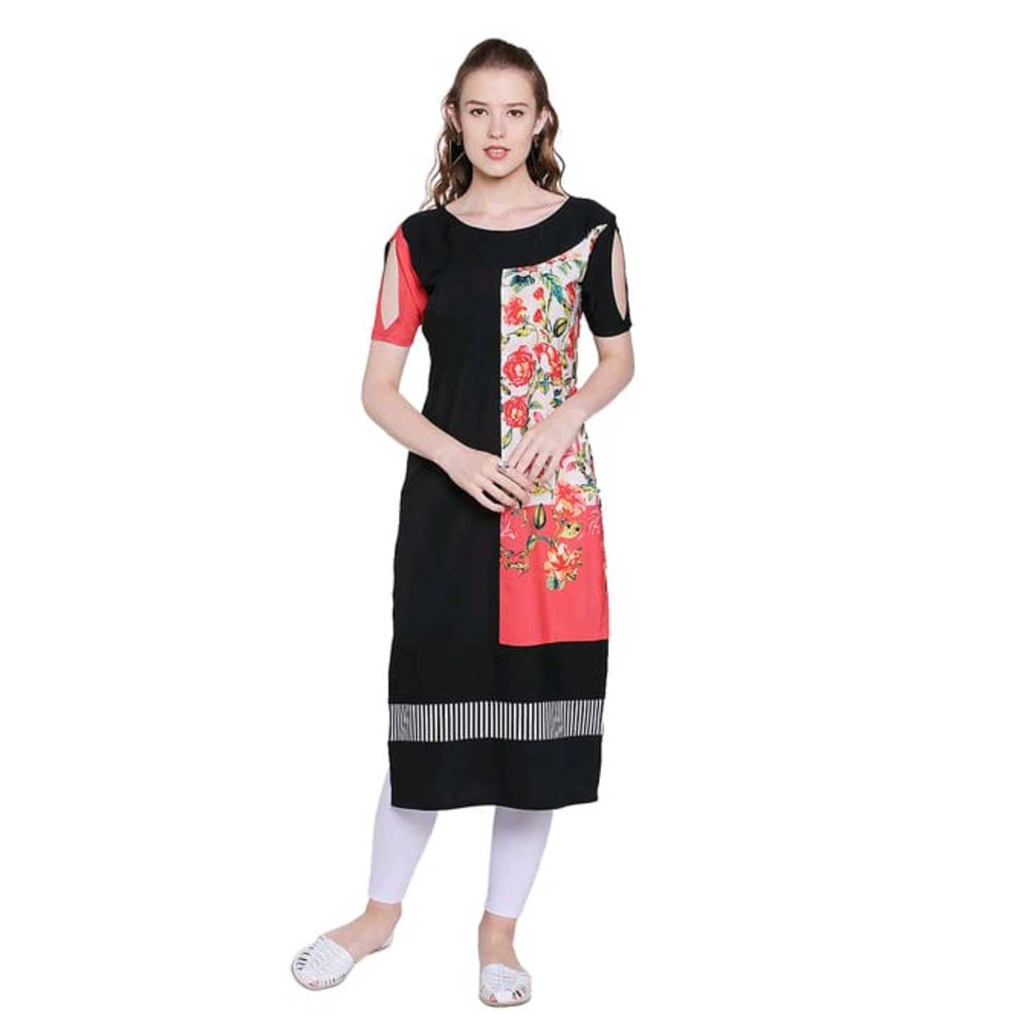 Black Color Half Sleeve And Round Neck Crepe Kurti* Product Id - 145981985