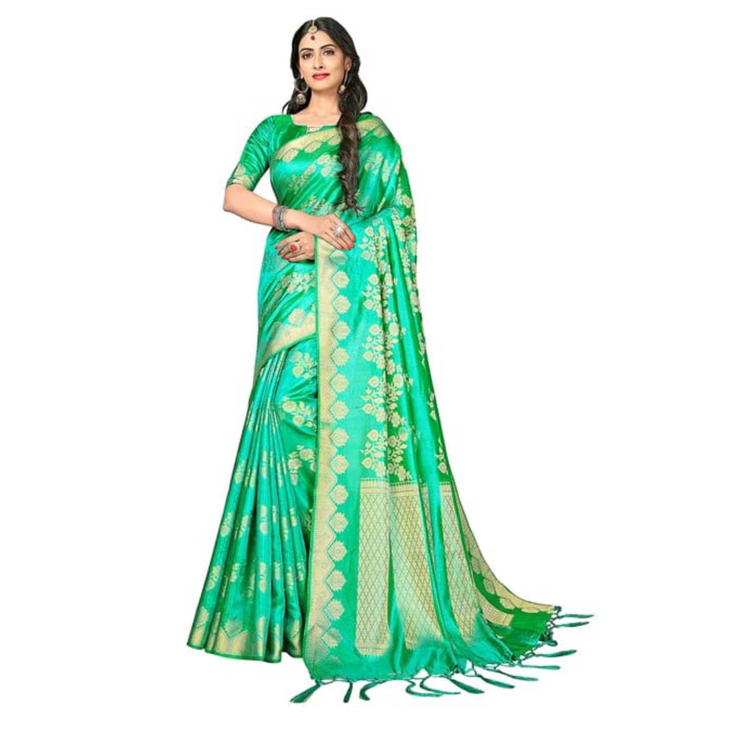 Woven Paisley Embellished Kanjivaram Silk Sea Green Saree* Product Id - 144779345