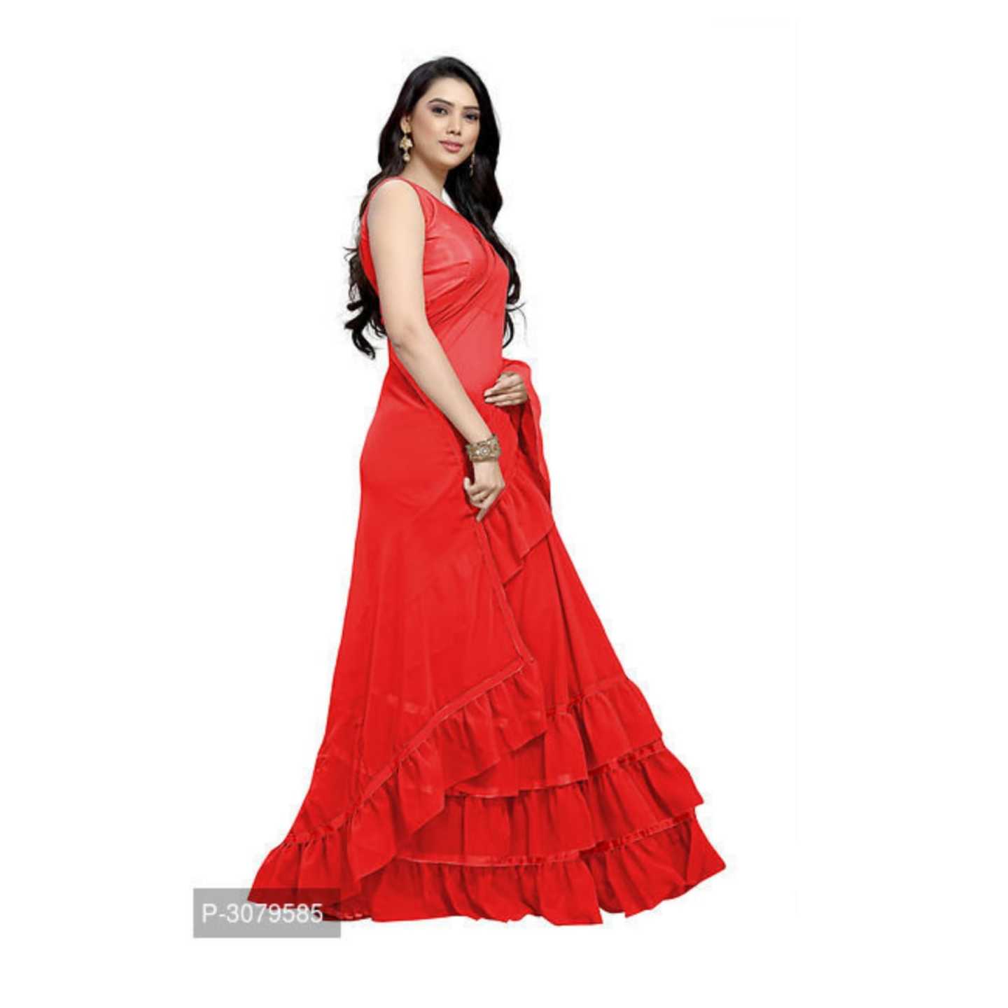 Designer Solid Georgette Frill Ruffle Sarees With Blouse Piece