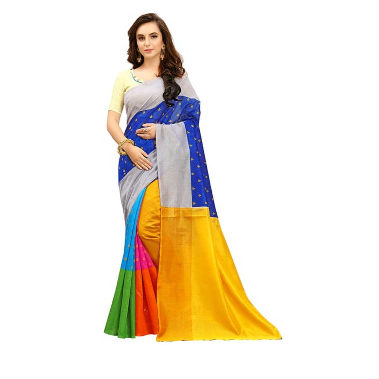 *Printed Daily Wear Cotton Silk Blue Saree With Blouse* Product Id - 144778873