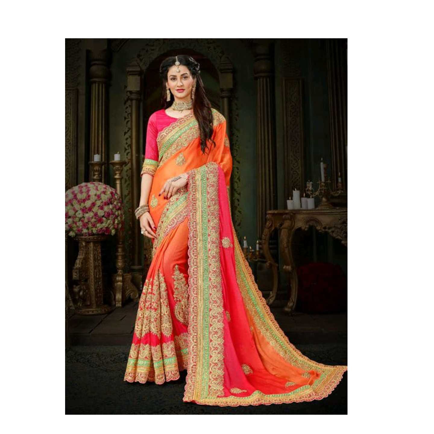 Designer Orange Chiffon Saree* Product Id - 143238911