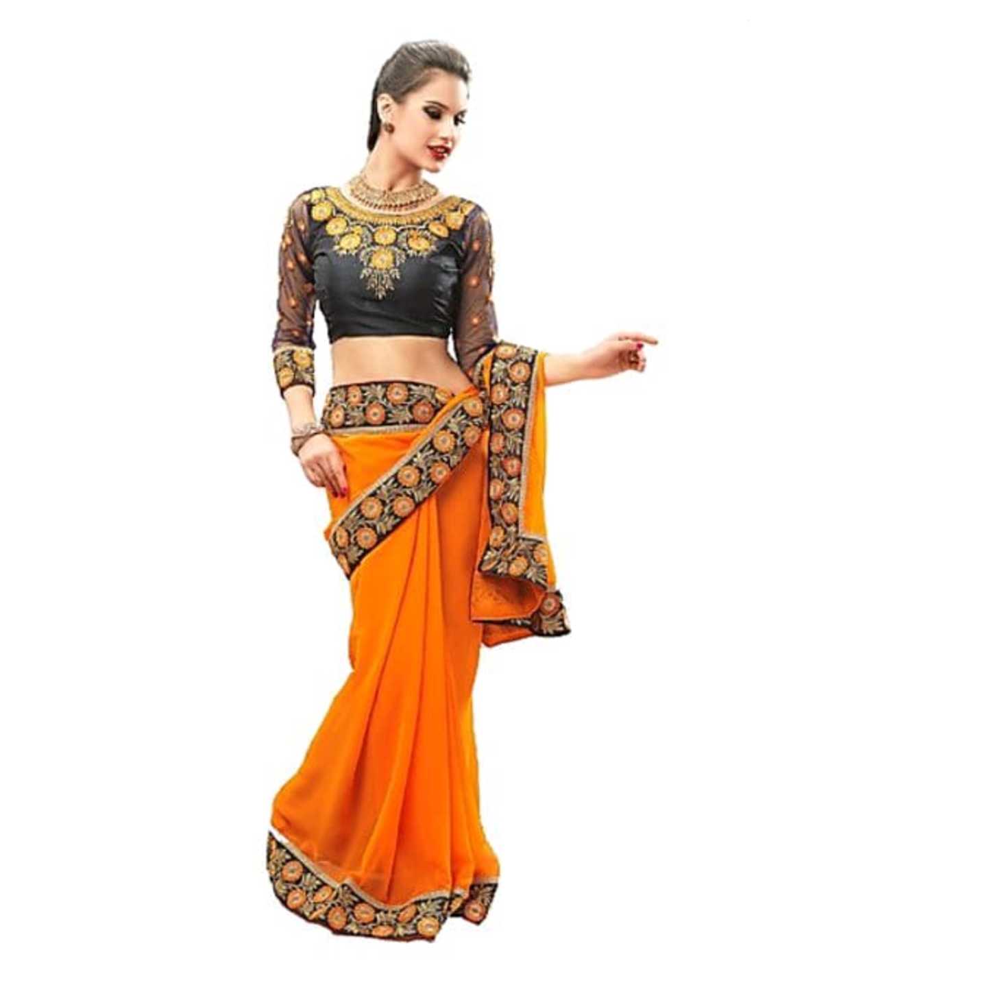 Women's Orange Georgette Saree With Blouse* Product Id - 143238470