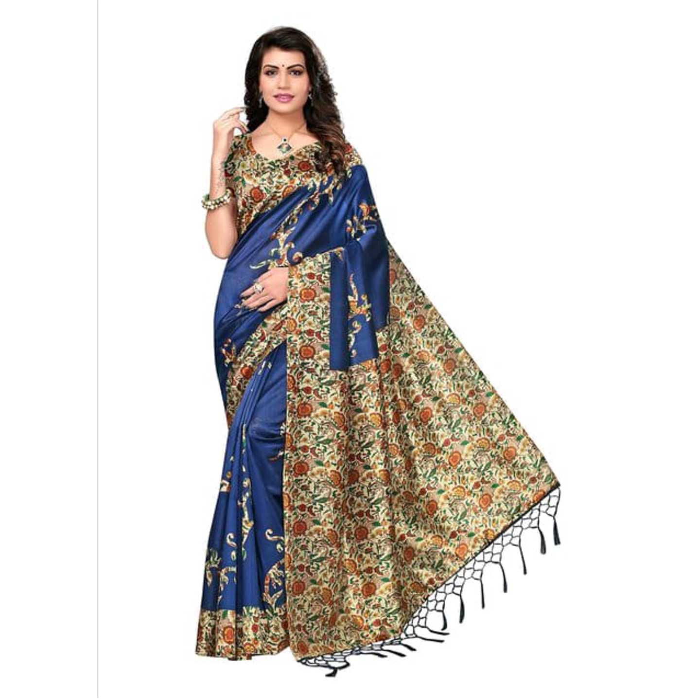 *Blue Floral Print Mysore Silk With Tessals Saree With Blouse Piece* Product Id - 143803025