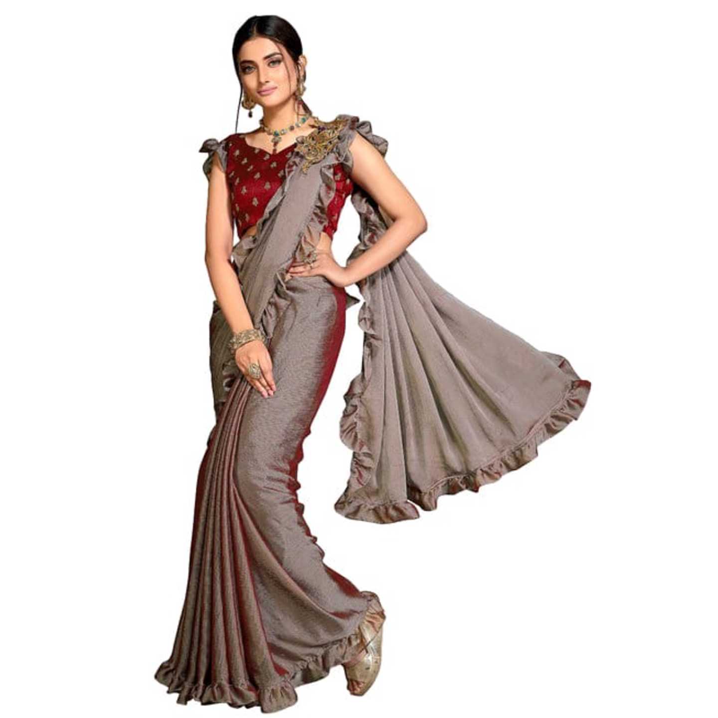 Embroidered Fashion Chiffon Silk Grey Ruffle Saree* Product Id - 144779866