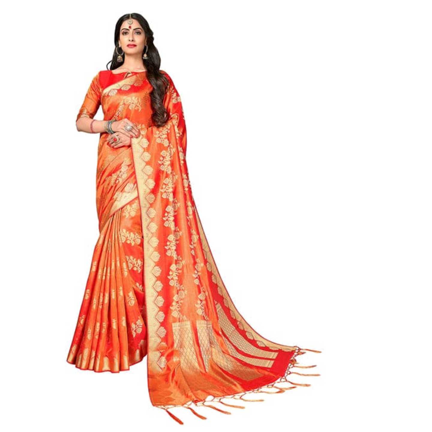 Woven Paisley Embellished Kanjivaram Silk Orange Saree* Product Id - 144779350