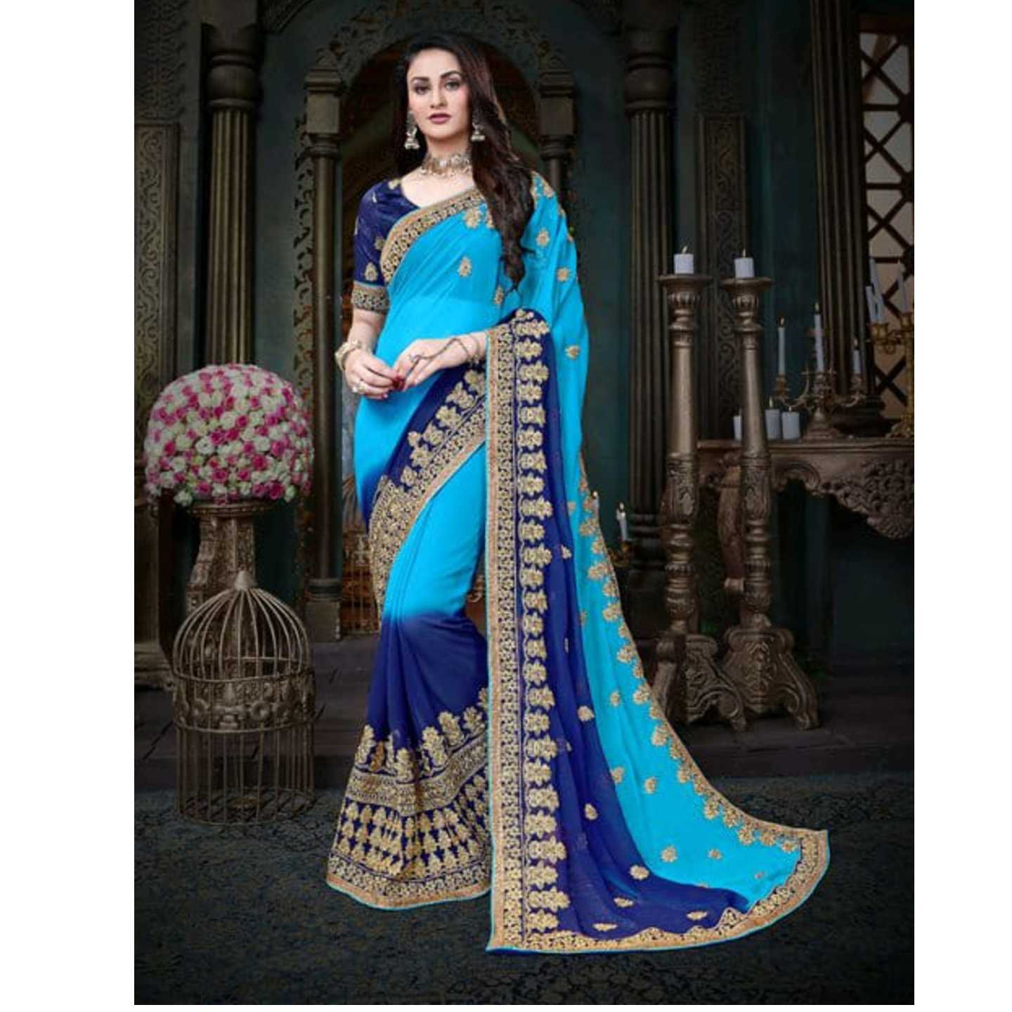 Designer Blue Georgette Saree* Product Id - 143238907