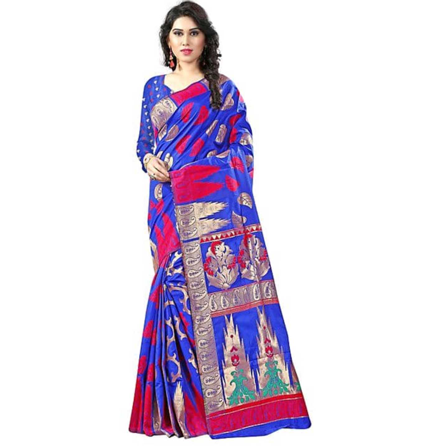 Blue Cotton Silk Self Design Saree With Blouse* Product Id - 143239066