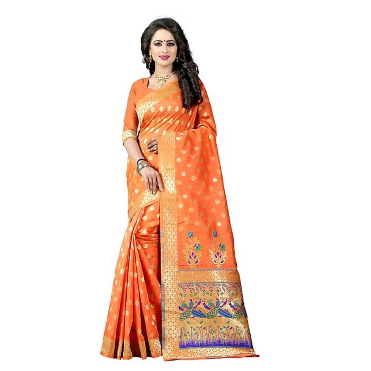 Orange Cotton Silk Self Design Saree With Blouse* Product Id - 143239108