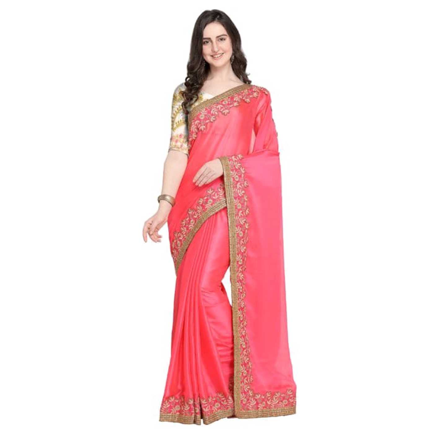 Pink And Beige Silk Blend Embroidered Design Saree* Product Id - 145286504