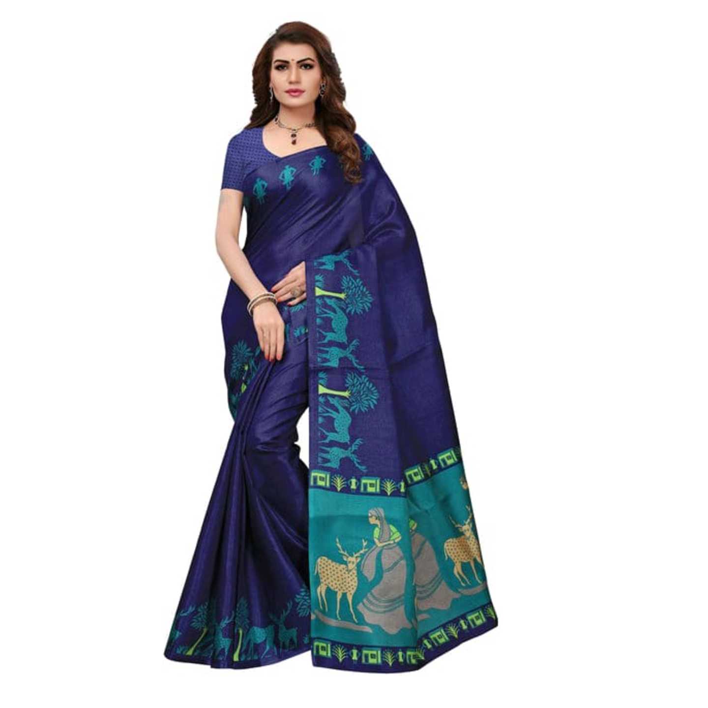 *Dark Blue Graphic Print Khadi Saree With Blouse* Product Id - 143803008