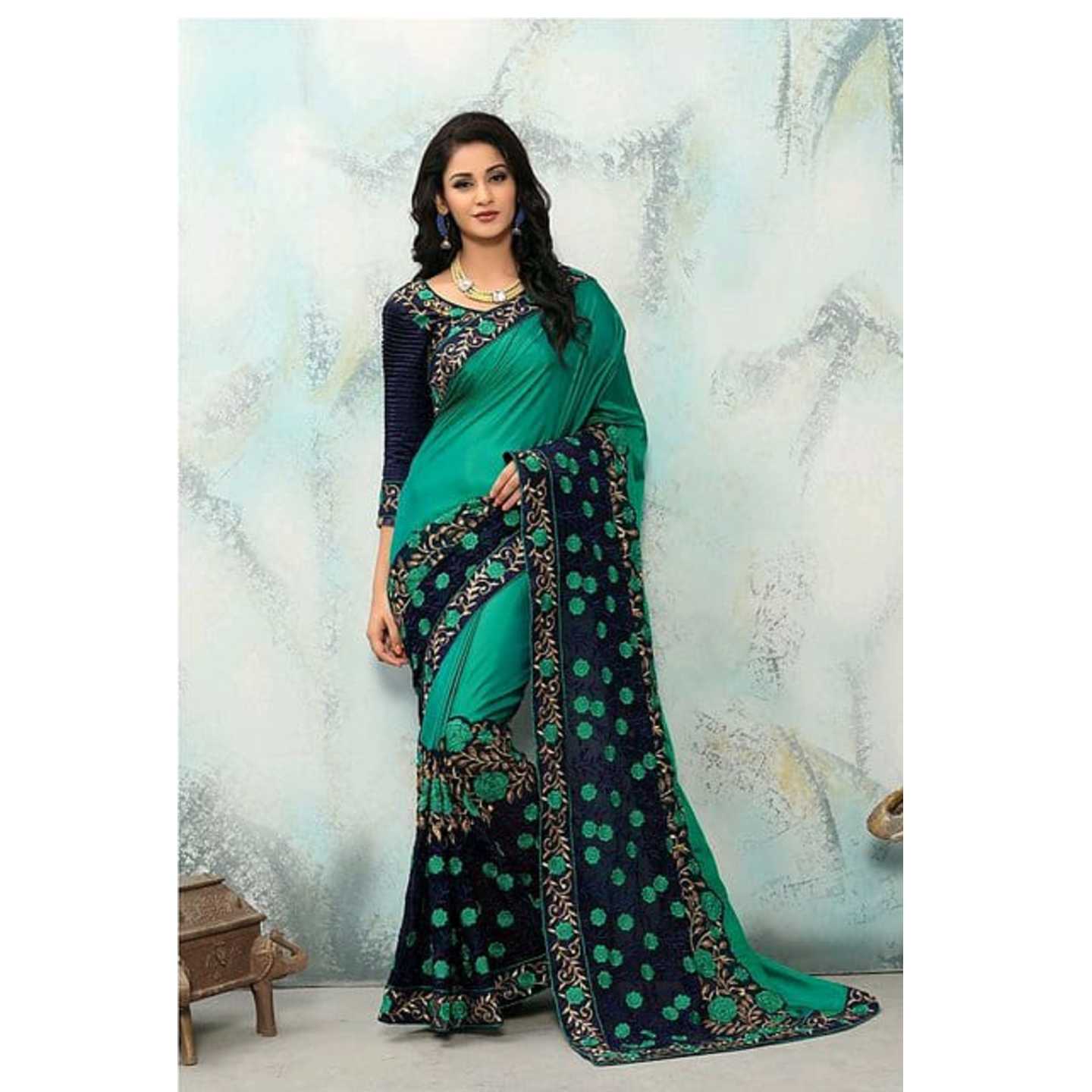 *Green Georgette Embroidered Saree With Blouse* Product Id - 143238663