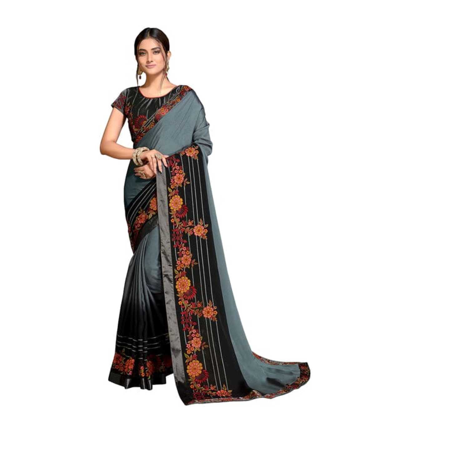 Self Design Fashion Ghicha Tussar Silk Grey And Black Saree* Product Id - 144779614