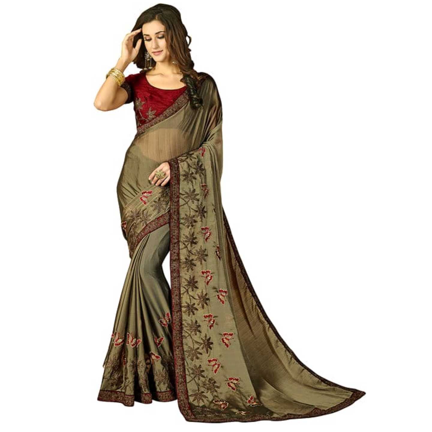 Embroidered Fashion Chiffon Silk Grey Saree* Product Id - 144778940