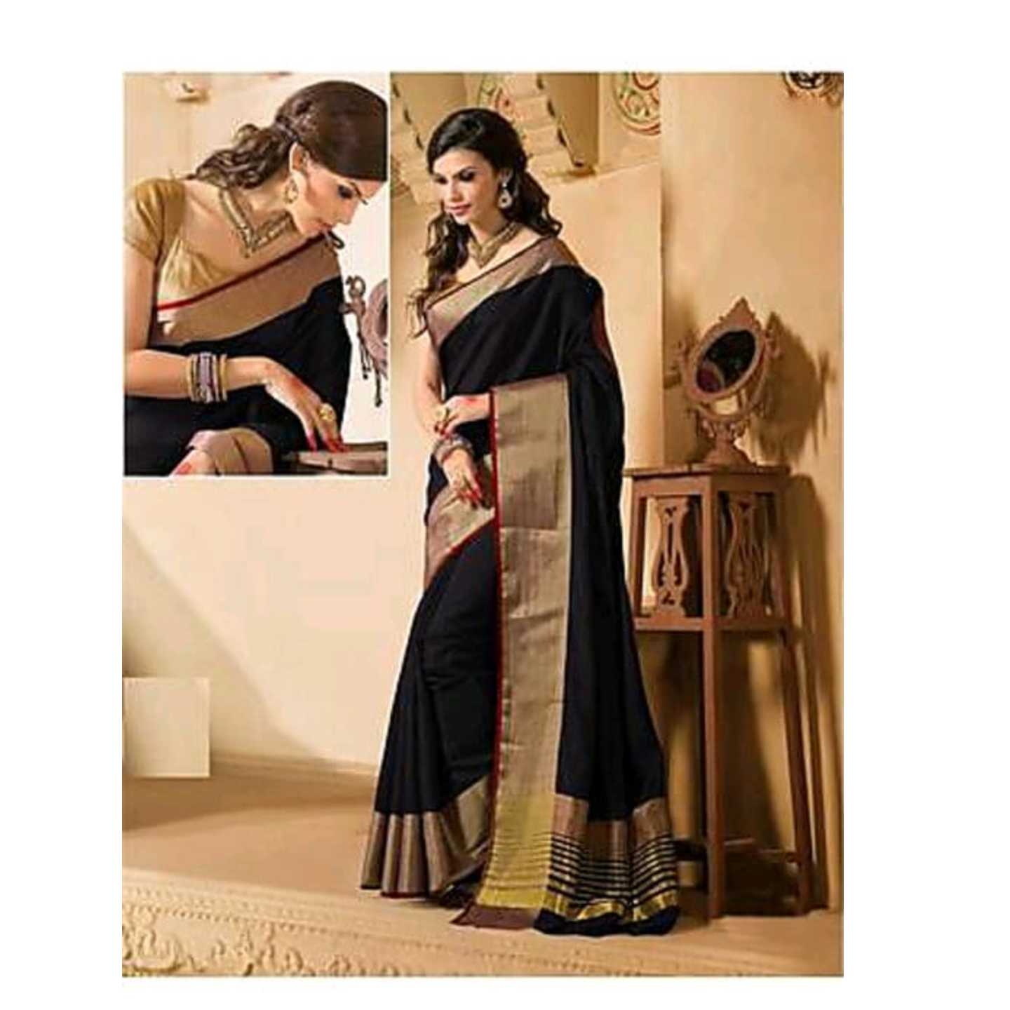 *Black Polycotton Plain Saree With Blouse* Product Id - 145412561