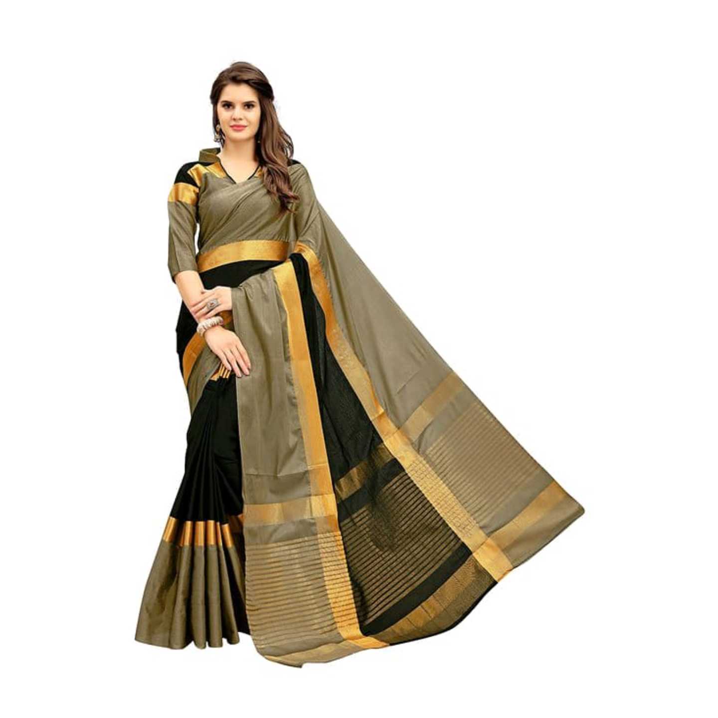 *Women's Silk Cotton Saree With Blouse Piece (r-angi-brownblackmulti-color).* Product Id - 144291362