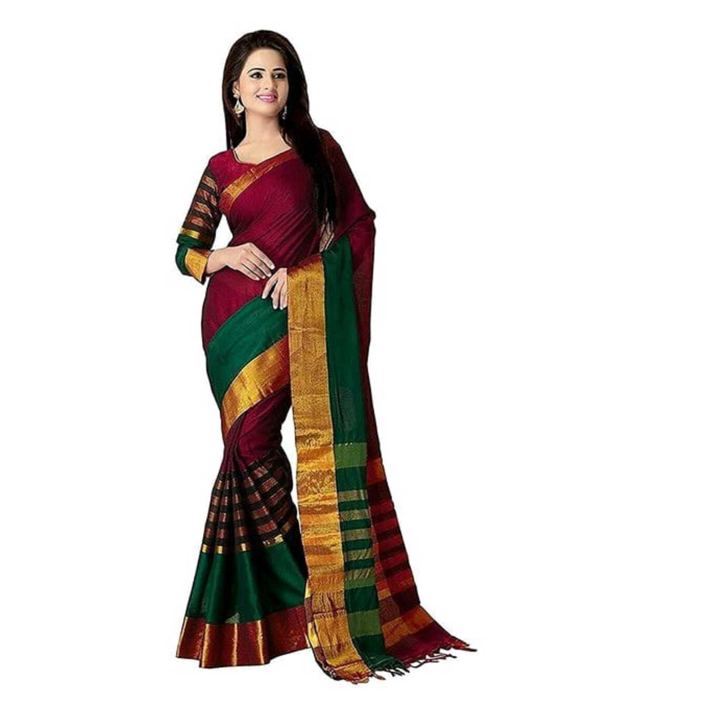 *Designer Red Cotton Silk Sari With Blouse-bf5027* Product Id - 145413032