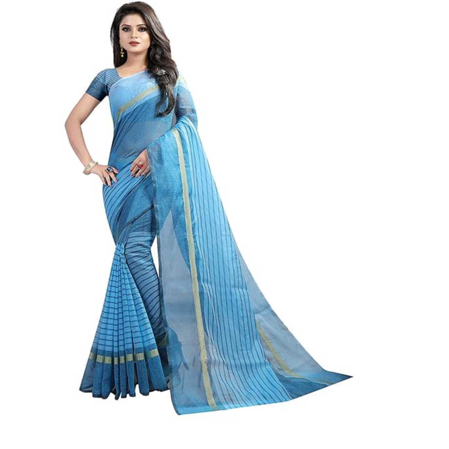 *Blue Chanderi Plain Cotton Sarees With Blouse Bollywood Designer Saree* Product Id - 143841295