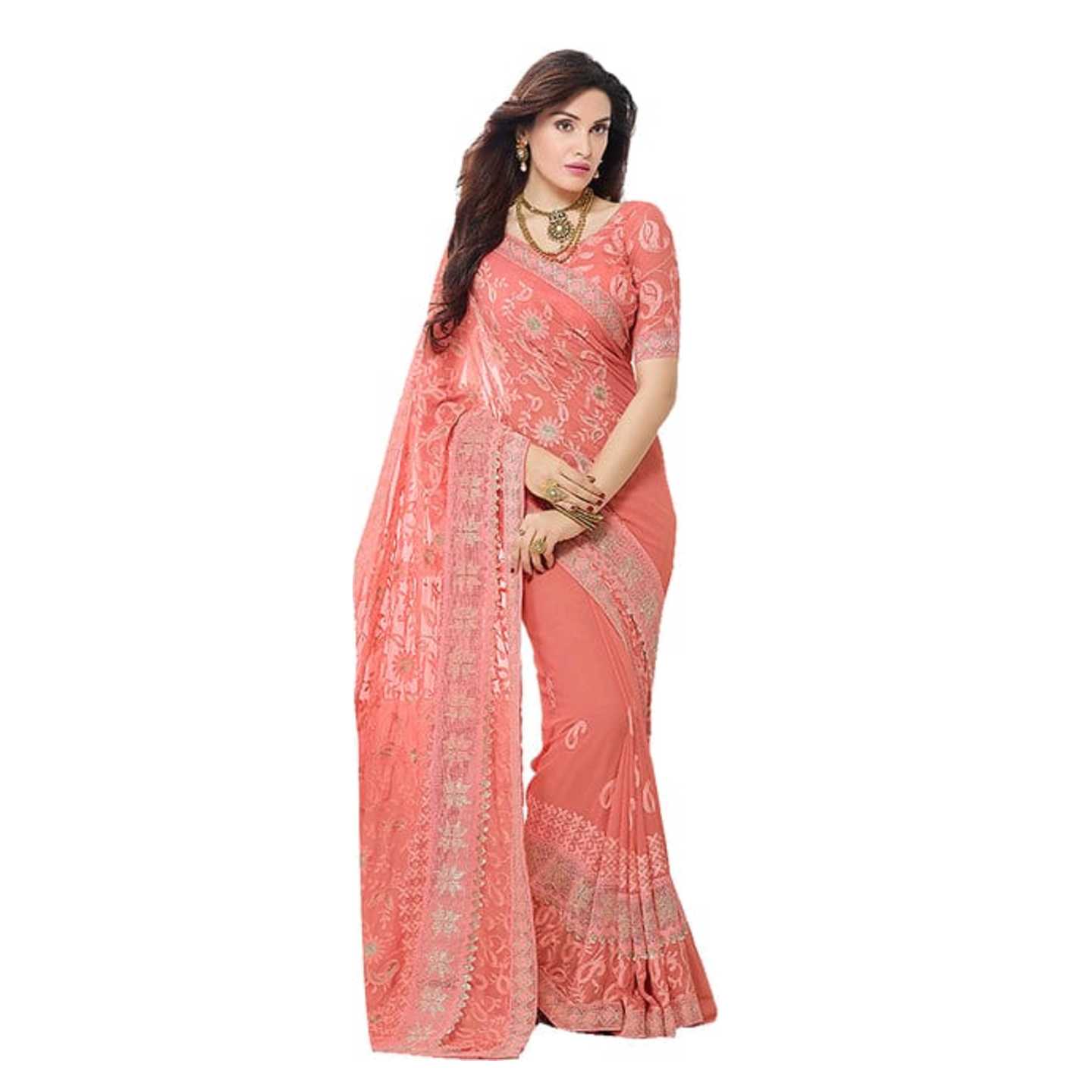 Peach Chiffon Embroidered Saree With Blouse* Product Id - 143238641