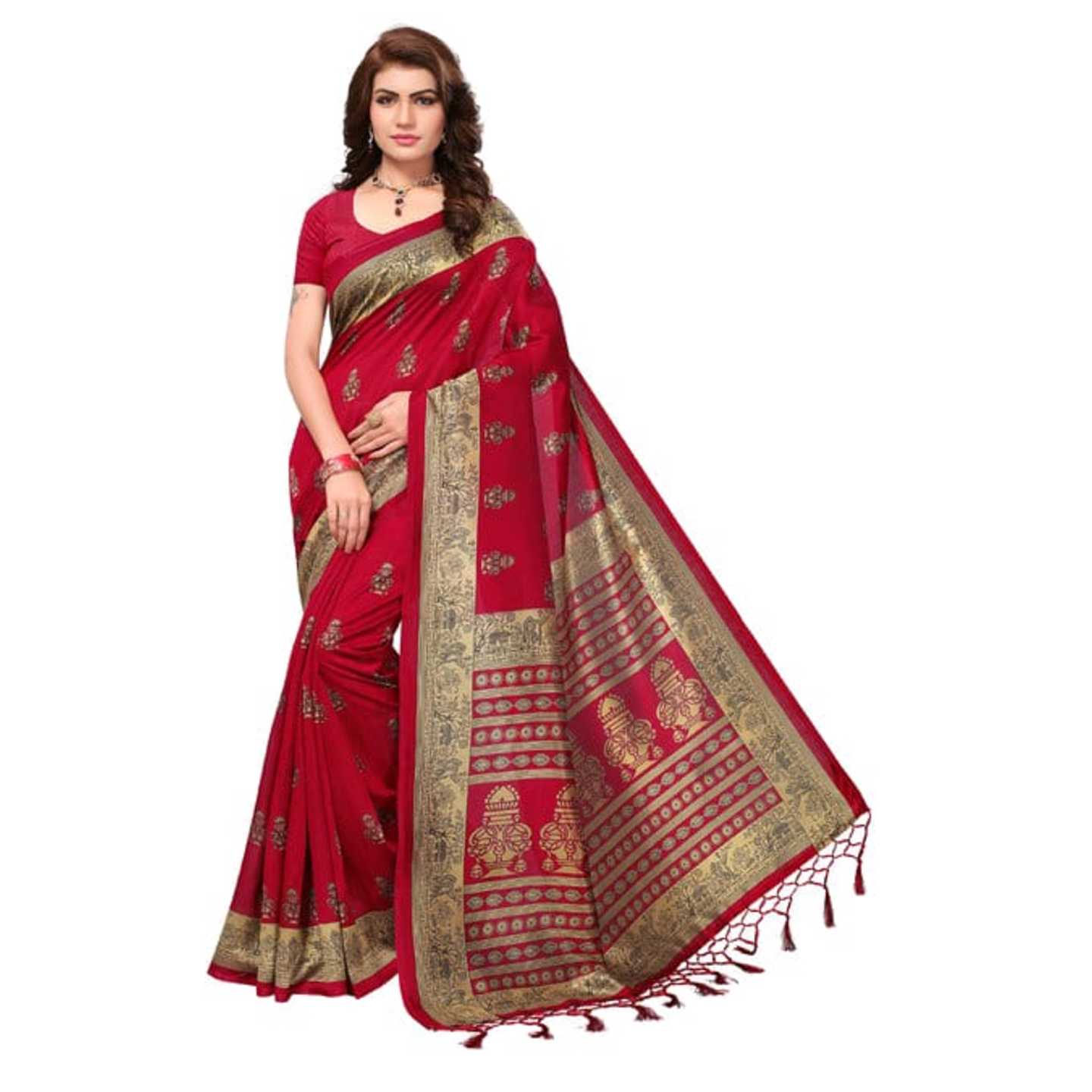 *Red Printed Mysore Silk With Tessals Saree With Blouse Piece* Product Id - 143803034