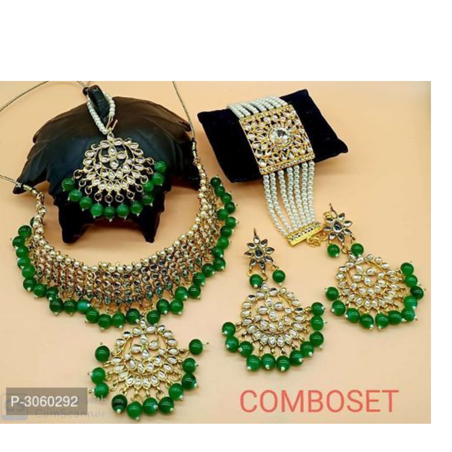 Designer Pearl Kundan Jewellery Combo Including Pair Of Earring and Maang Tikka and Bracelet