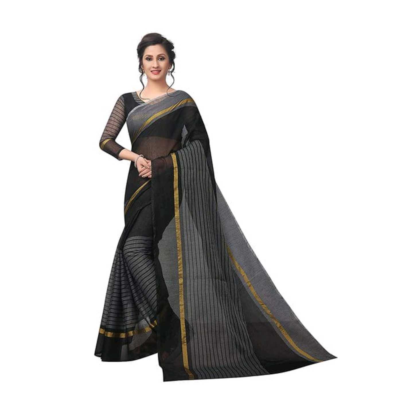 Indian Beautyful Women's Black Chanderi Plain Cotton Sarees New Designer Saree Bollywood Latest Designer Partywear Sa* Product Id - 143656978