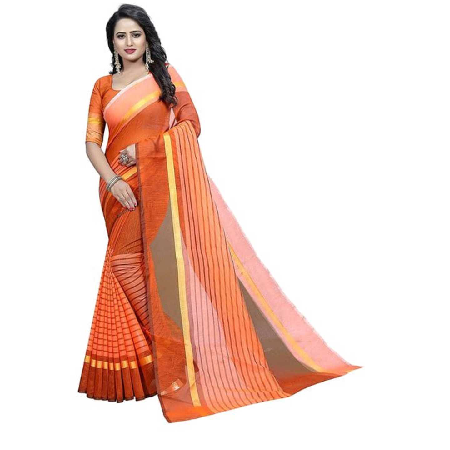 Orange Chanderi Plain Cotton With Blouse Sarees Bollywood Designer Saree* Product Id - 143841260