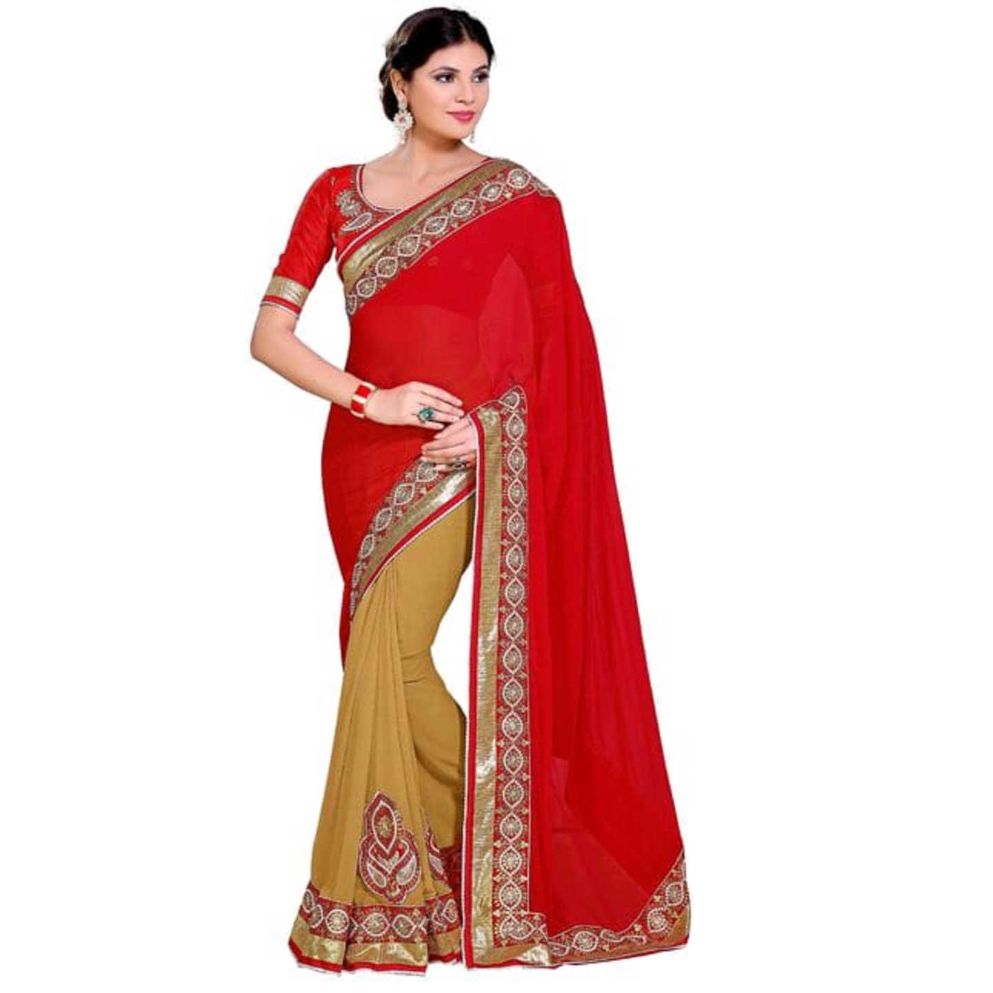 Women's Emboidered And Embilished Red And Beige Saree With Embroidered Red Blouse* Product Id - 143376572