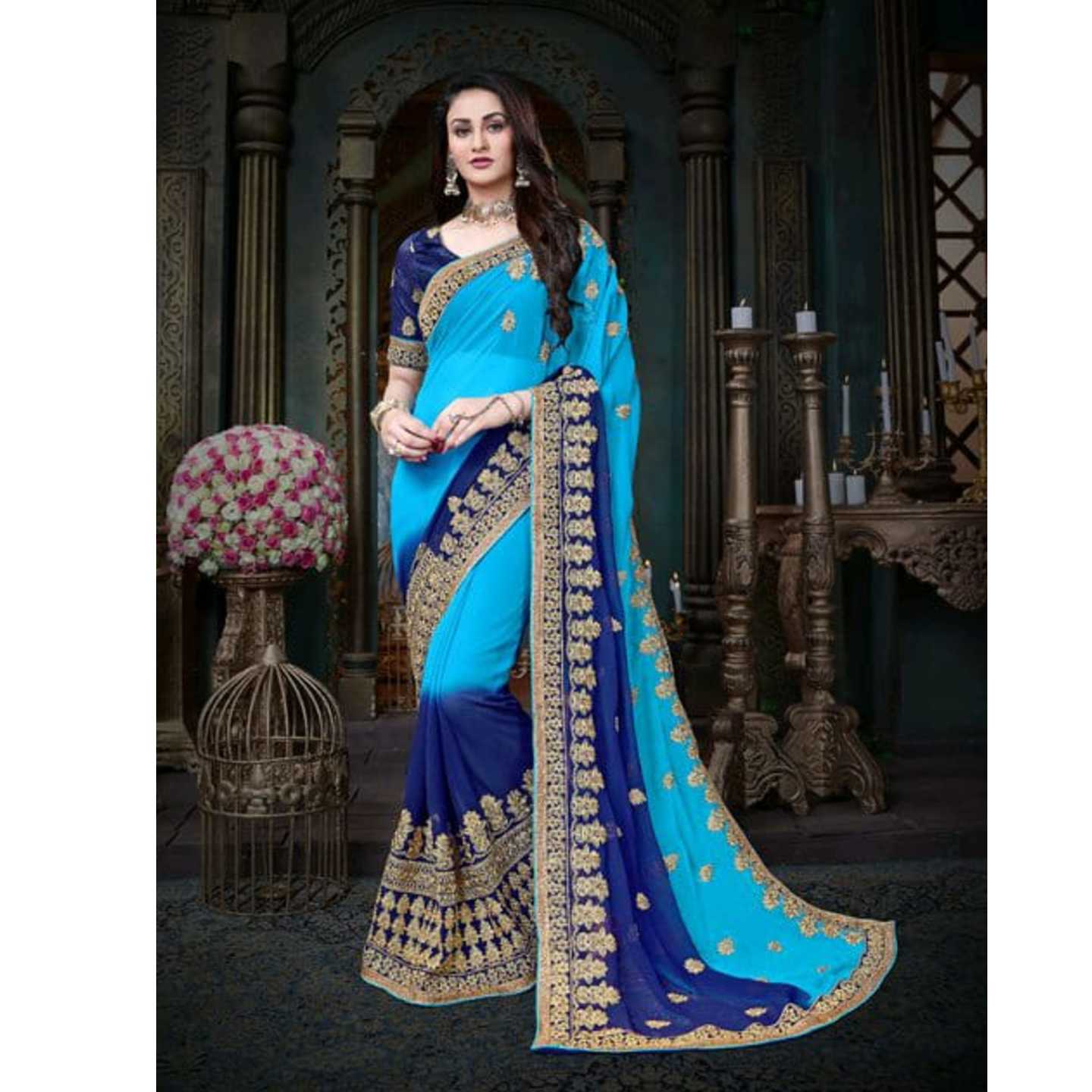 Designer Blue Georgette Saree* Product Id - 143238907