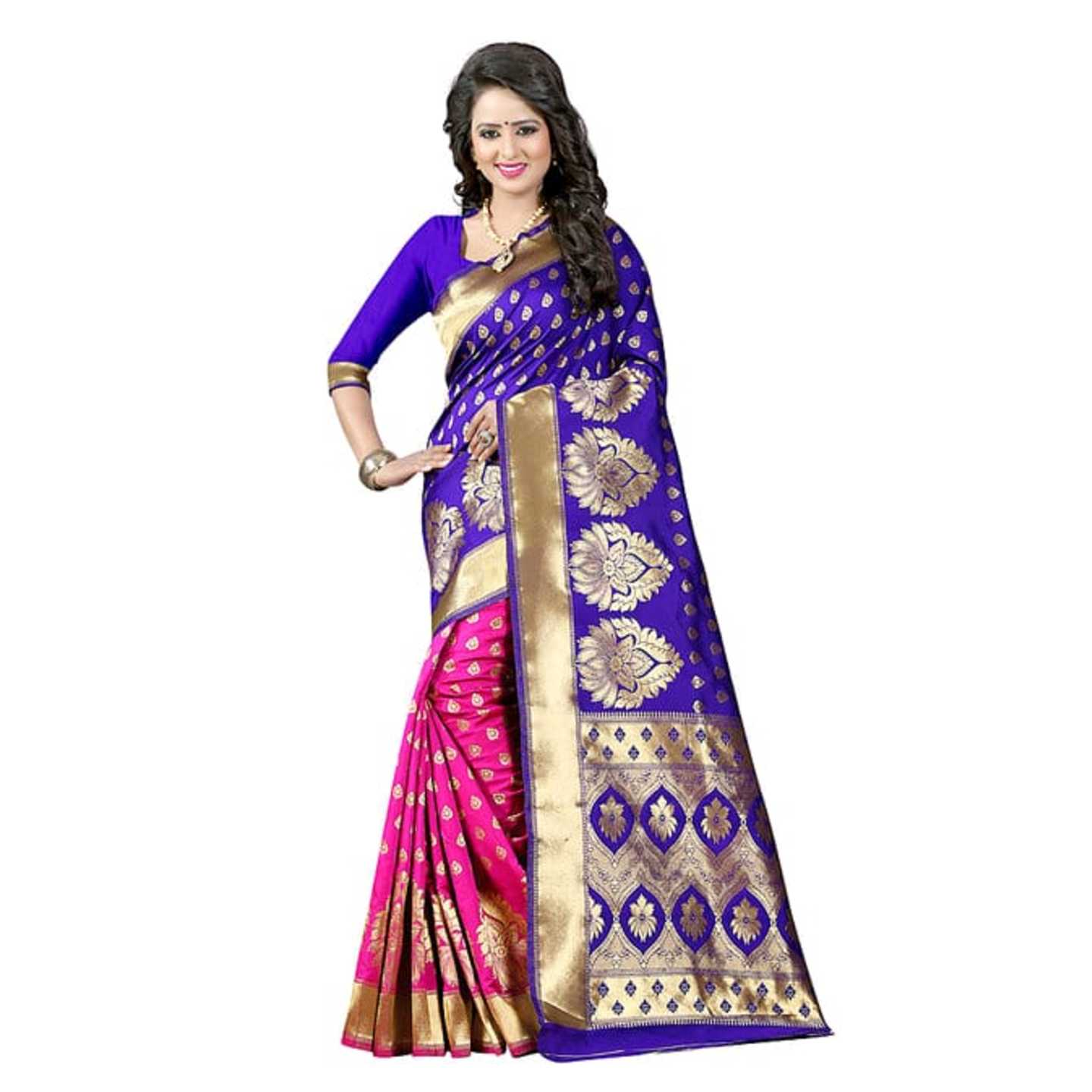 Blue & Pink Art Silk Self Design Saree With Blouse* Product Id - 143865788