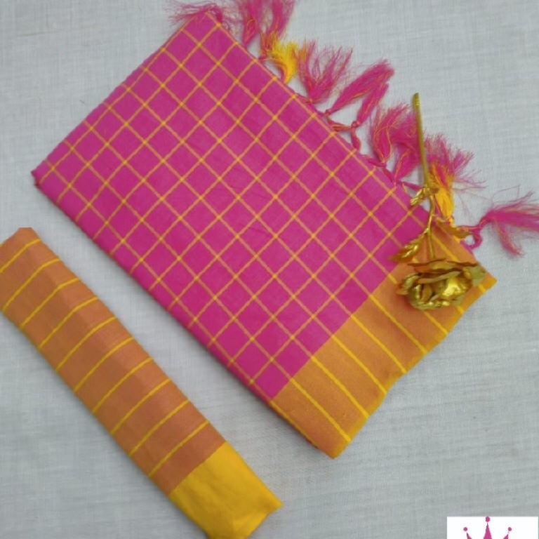 Handloom Block Checked Cotton Linen Saree Bea