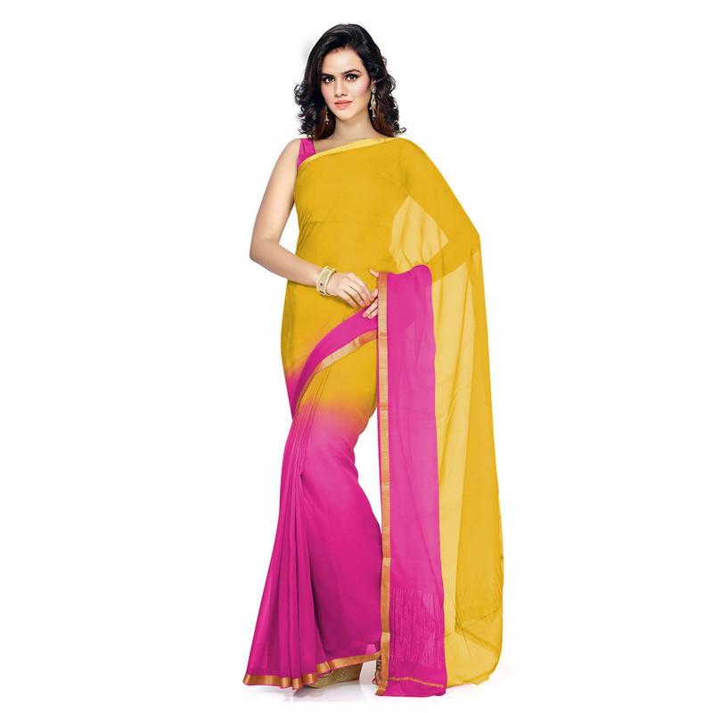 Yellow and Pink Pure Georgette Sarees | Plain Georgette Sarees | Designer Saree Online