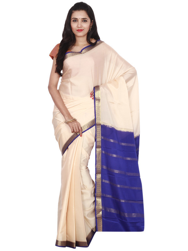 Tussar Cream with Royal Blue Mysore Silk Saree | KSIC Sarees Creape Saree | mysore silk sarees online | ksic sarees online shopping