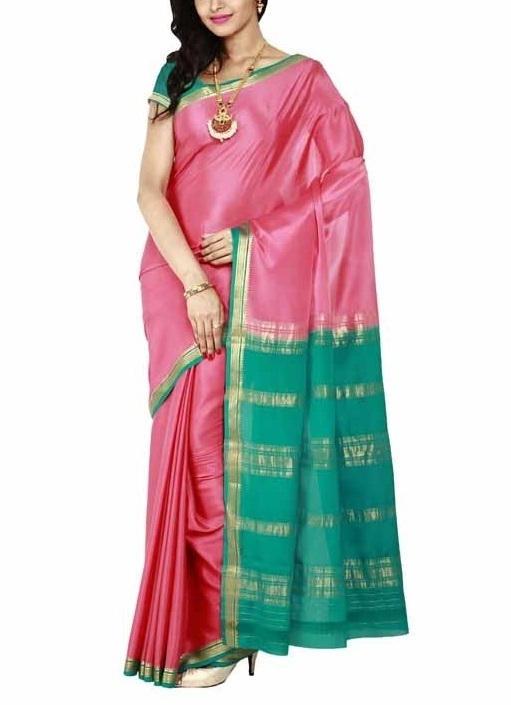 Peach Pink  and Green Contrast Mysore Silk Saree | KSIC Sarees | Creape Saree | Mysore silk sarees online