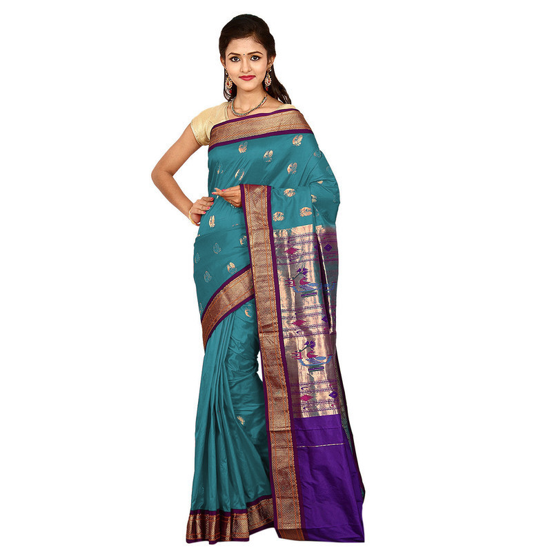 Paithani Pure Silk  in Blue with Voilet Contrast Border Meena Butta Saree with Silk Mark