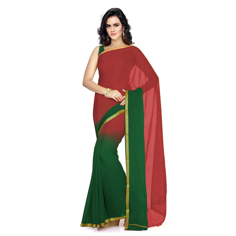 Red and Green chiffon Pure Georgette Sarees | Plain Georgette Sarees | Designer Saree Online