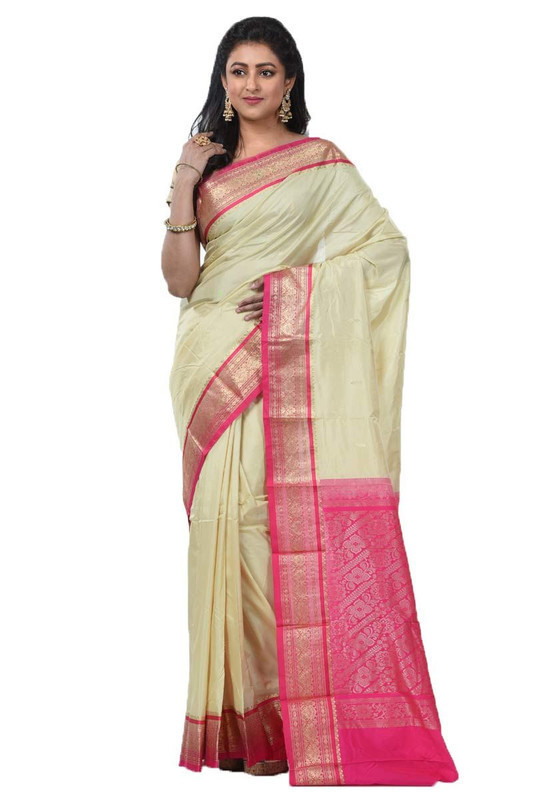 Tussar Cream and Rani pink Kanchipuram Silk Sarees  Silk Saree  Saree Online  traditional kanchipuram silk sarees online shopping