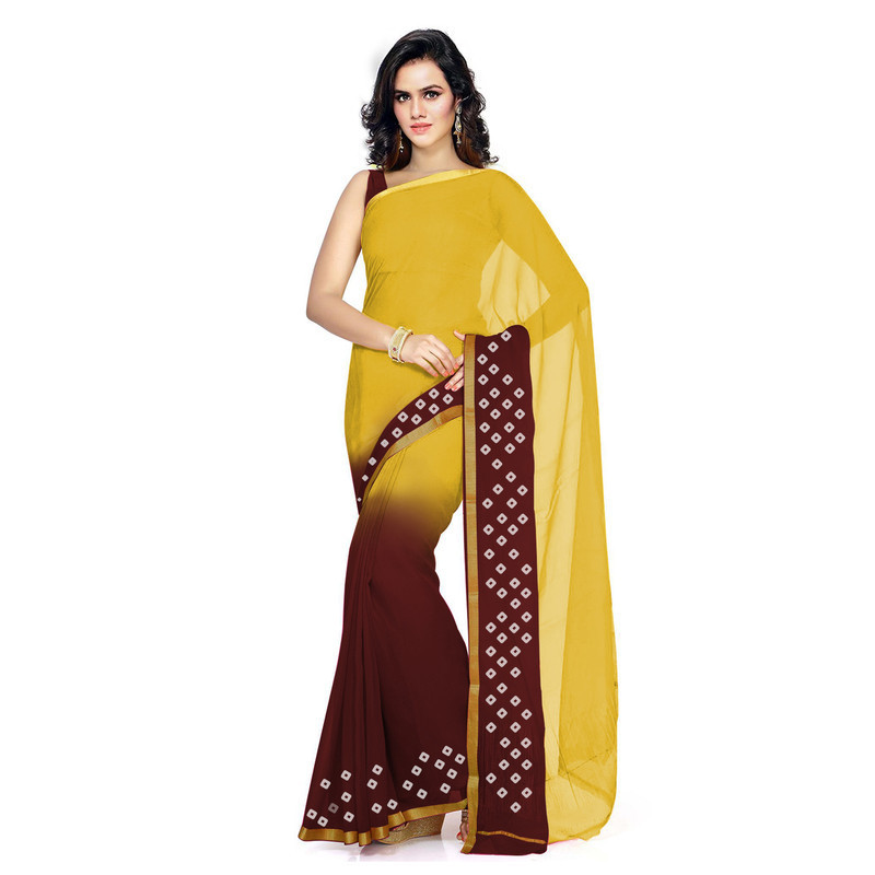 Yellow with Brown Silk Pure Georgette Sarees | Plain Georgette Sarees | Designer Saree Online