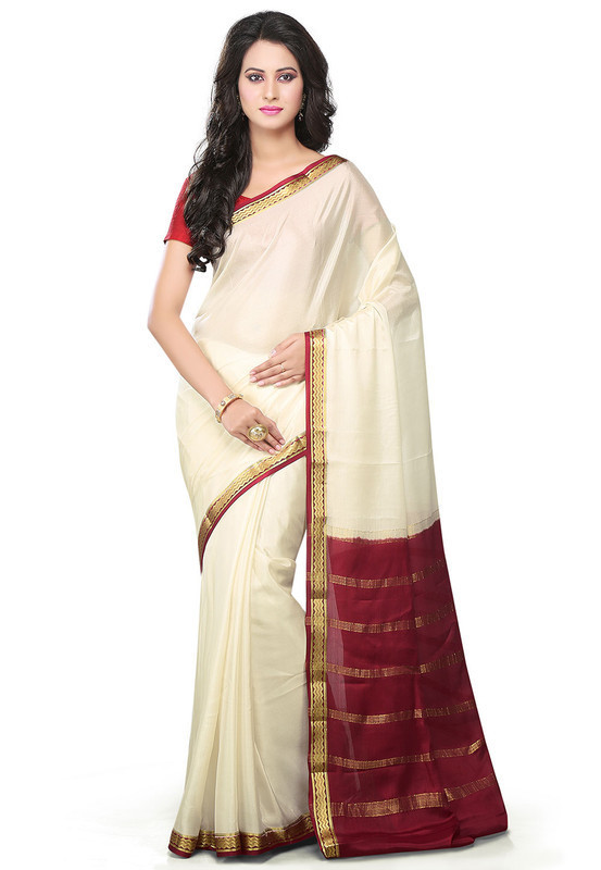 Tussar Cream with Marron Mysore Silk Saree | KSIC Sarees Creape Saree | mysore silk sarees online | ksic sarees online shopping