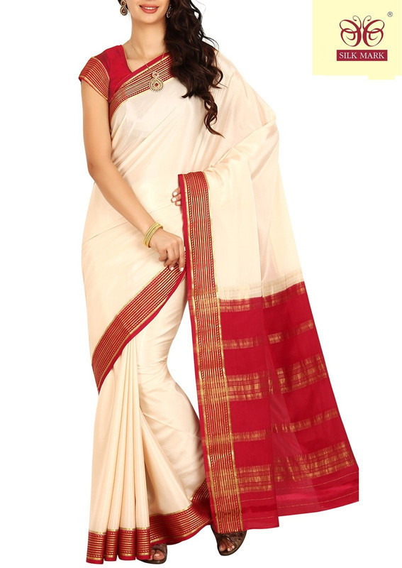 Tussar Cream with Red Mysore Silk Saree | KSIC Sarees | Creape Saree | Mysore silk sarees online