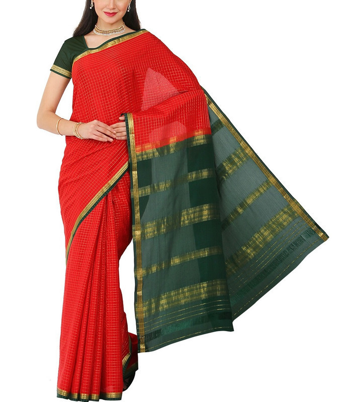 Tomato Red and Bottle Green Contrast Checks Pure Mysore Silk Saree | KSIC Sarees | Creape Saree | Mysore silk sarees online