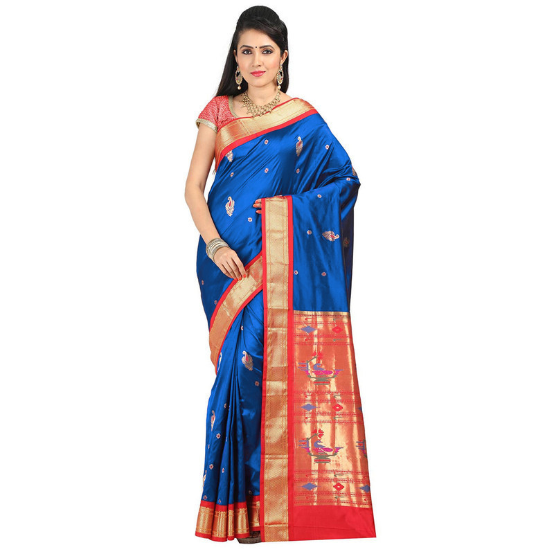 Paithani Pure Silk  in Parrot Green with Rani Contrast Border Meena Butta Saree with Silk Mark