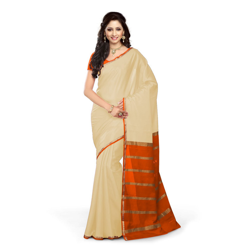 Tussar Cream with Orange Kerala sari | Onam Saree | Kasavu Saree | Kasavu Saree Online