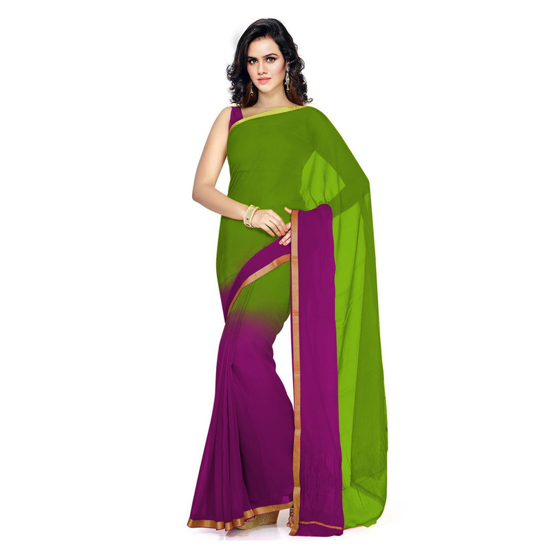 Parrot Green and Purple Silk Pure Georgette Sarees | Plain Georgette Sarees | Designer Saree Online