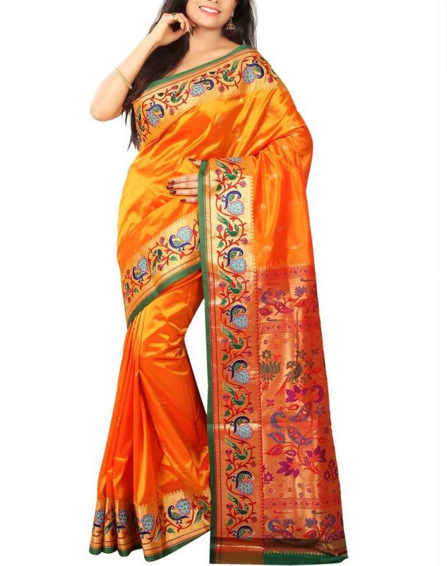 Orange and Green Paithani Sarees | Paithani sarees online | new Paithani sarees