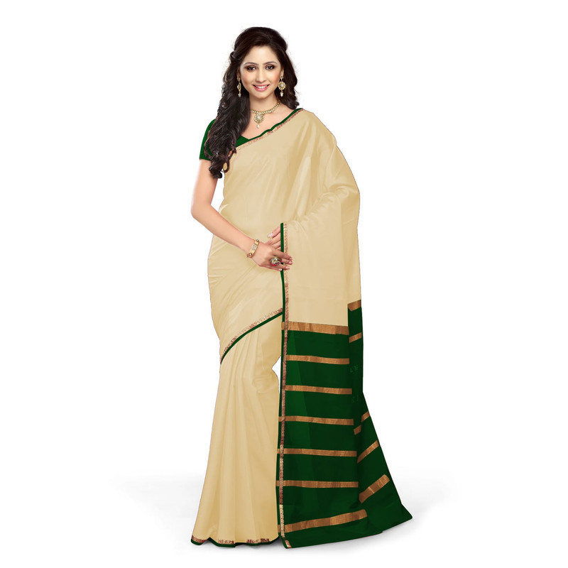 Tussar Cream with Green Kerala sari | Onam Saree | Kasavu Saree | Kasavu Saree Online