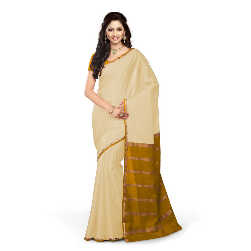 Tussar Cream with Yellow  Kerala sari | Onam Saree | Kasavu Saree | Kasavu Saree Online