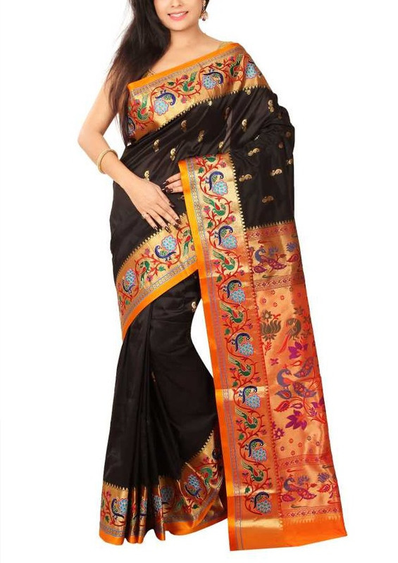 Black and Orange Paithani Sarees | Paithani sarees online | new Paithani sarees