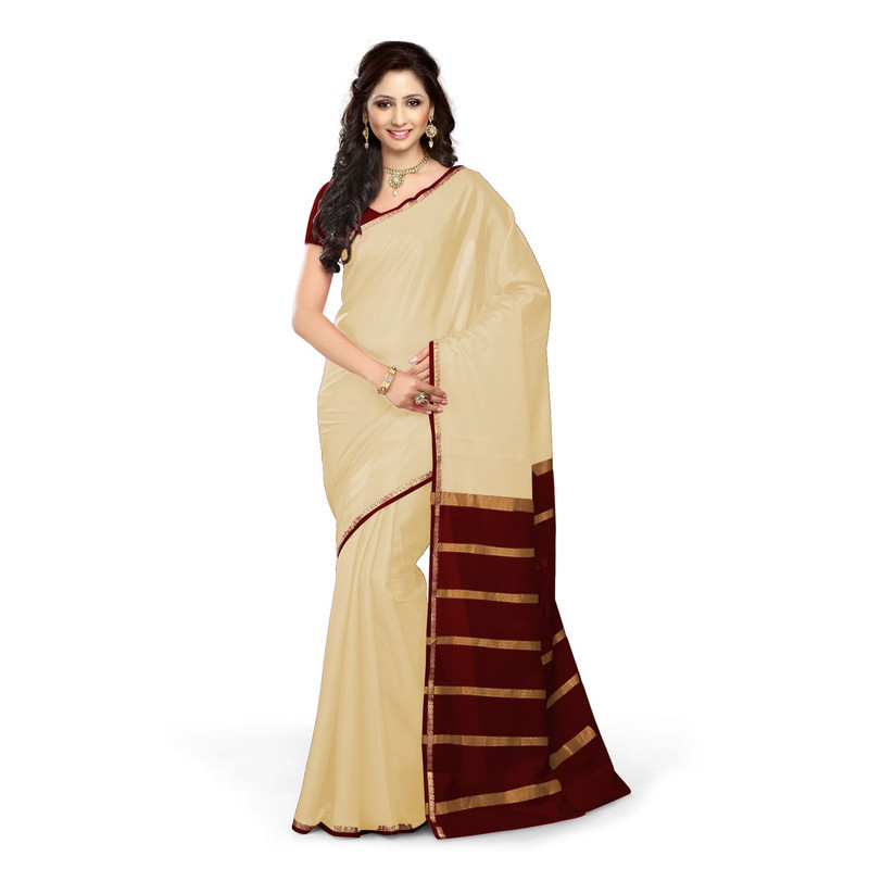 Tussar Cream with Red  Kerala sari | Onam Saree | Kasavu Saree | Kasavu Saree Online